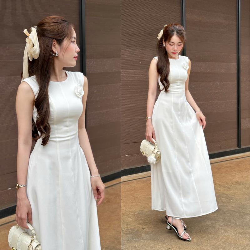 EMI - Đầm Dự Tiệc Cổ Tròn Tùng Xoè Dáng Dài Kèm Hoa Cài Xinh Sắn Chất Cotton Hàn Dày Dặn Mềm Mại - Women Dress