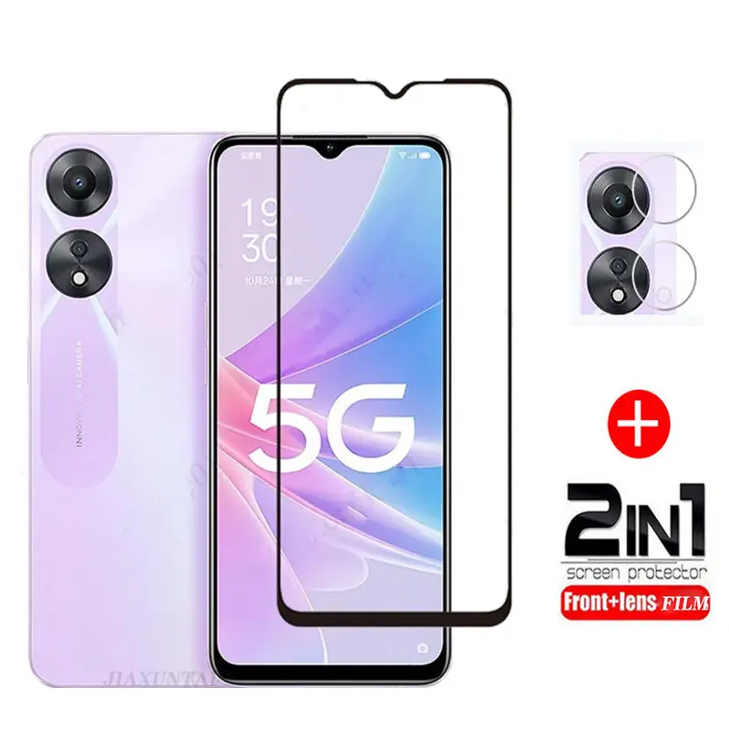 2 in 1 For OPPO A78 5G Tempered Glass Full Cover Film for OPPO A77s A96 A95 A94 A92 A76 A72 A57 A55 A54 A52 A9 A5 2020 A12 A5s A3s A17 A17K A16 A16K Full Cover Screen Protector film + Camera Lens Film