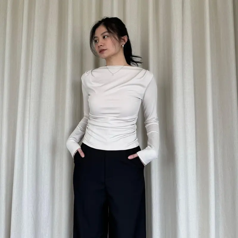 ￼EASE - Brie Top | Boat Neck Top with Ruched Details |  Atasan Wanita Baju Kaos Polos Panjang 7