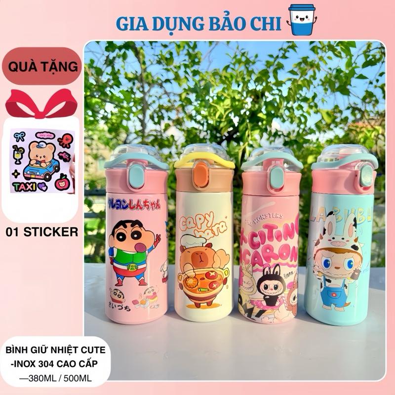 Bình Giữ Nhiệt Cho Bé Labubu,capybara 500ml Hoạ Tiết Dễ Thương, Inox 304 Cao Cấp, Một Chạm Mở Nắp Bình