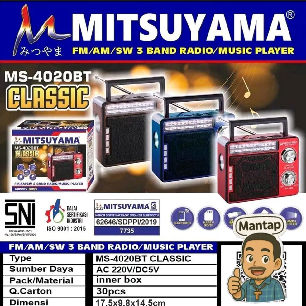 RADIO MITSUYAMA 4020 X BASSS RADIO FM/AM/SW/TERLARISSS adalah radio yang handal untuk mendengarkan siaran FM, AM, SW, dan terlaris. Dengan teknologi Bass X yang inovatif