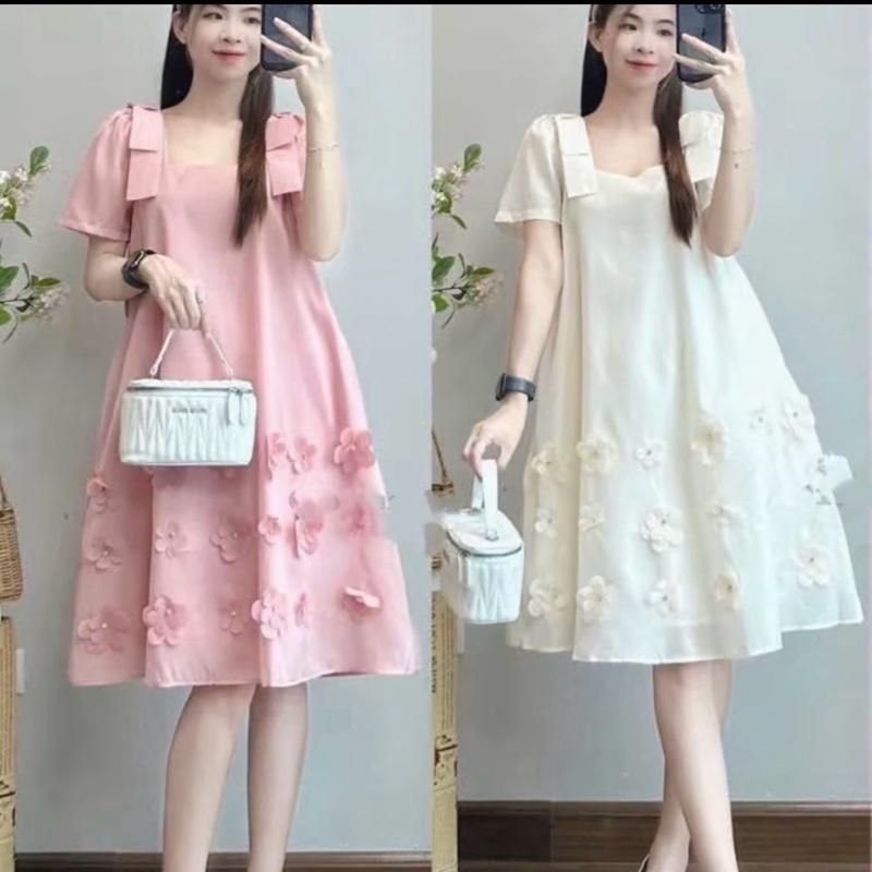 Váy bầu cộc tay cổ vuông hoa điệu đà vải voan mẫu hót 2025 B337