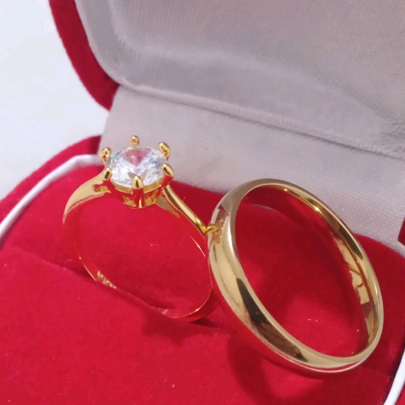 Cincin Couple Kawin Gold Permata Bahan Titanium Asli Perhiasan Kulit Rings 6