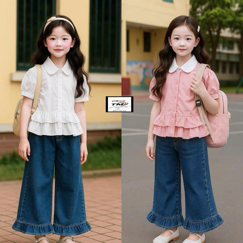 [Nini Kids]-Sét áo kèm sơ mi kèm quần Jean mềm cho bé Gái chất liệu thô mềm đủ size 8-35kg ( Sơ mi H5- Jean XANH )