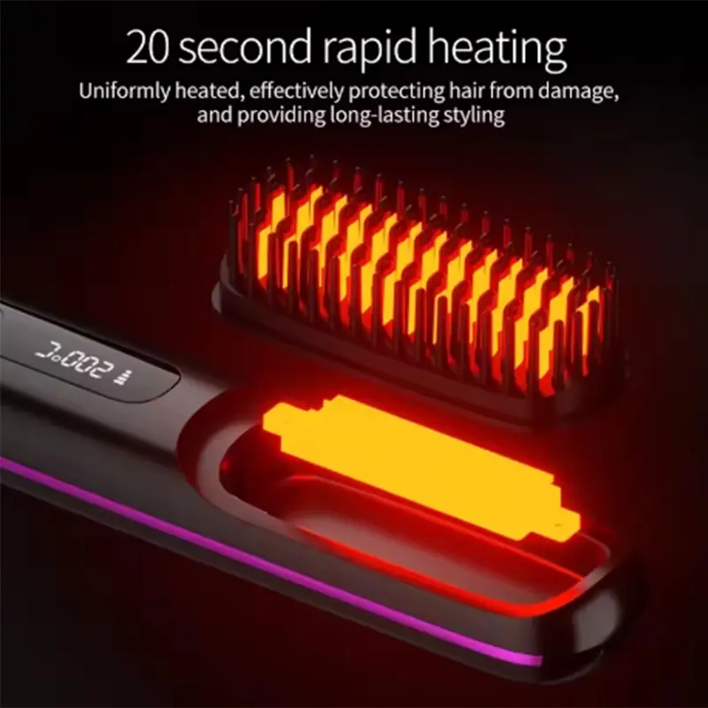Electric LCD Usb Ceramic Heating Straight Hair Comb Wireless Portable Negative Ion Styling Tool Rechargeable Straightening Brush 2
