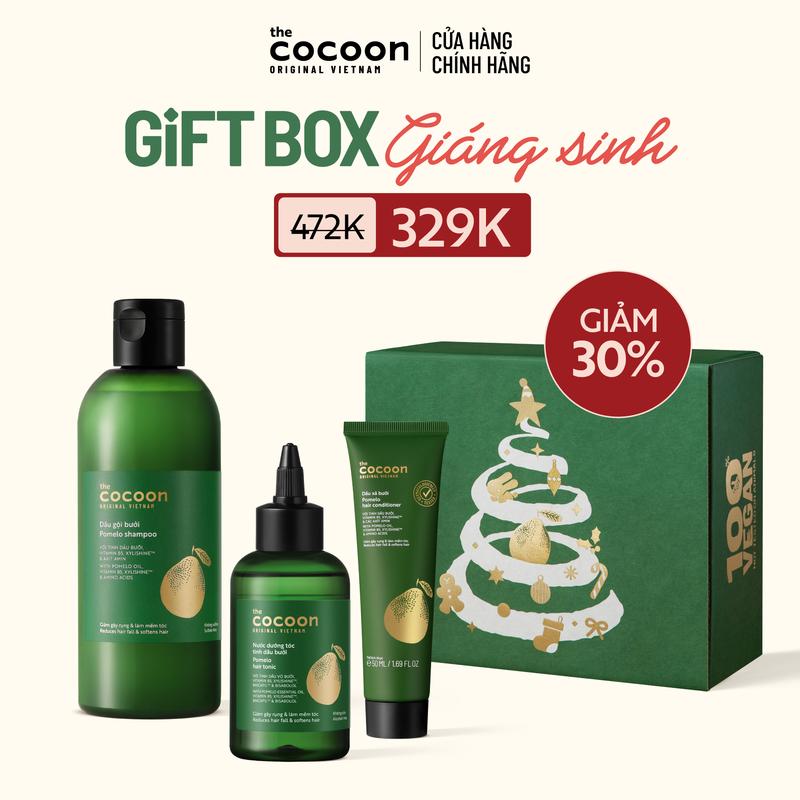 GIFT BOX X-MAS: 1 Dầu gội bưởi Cocoon 310ml + 1 Nước dưỡng tóc tinh dầu bưởi 140ml + 1 Dầu xả bưởi 50ml 