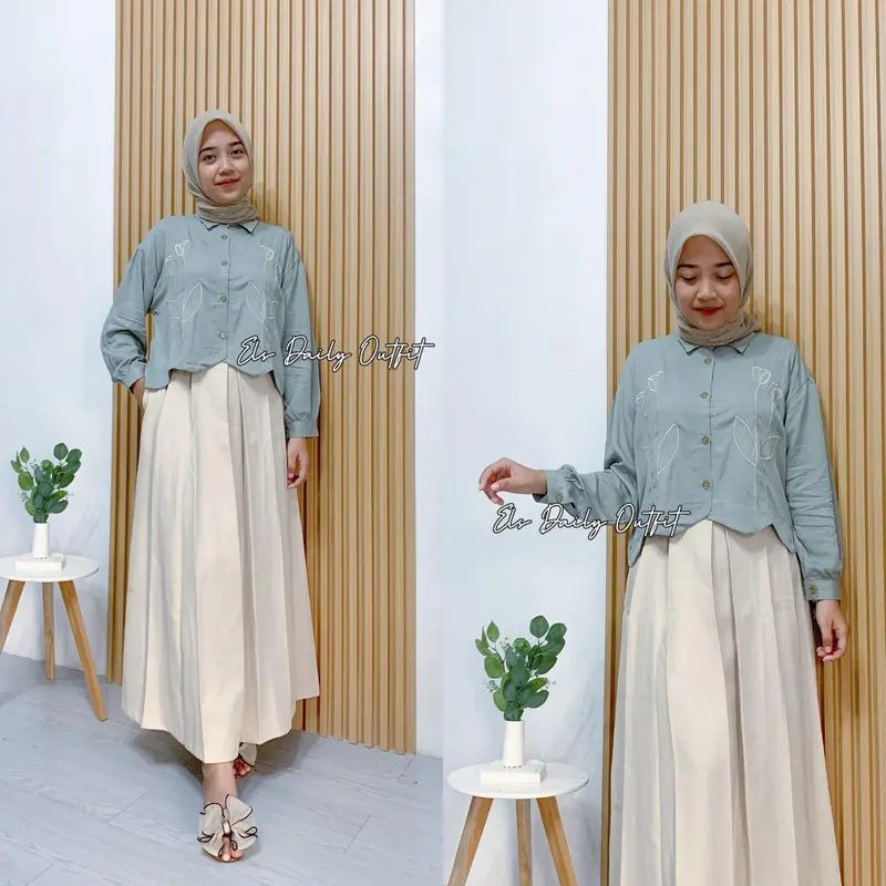 Camary Flower Shirt Kemeja Rayon Twill Bordir Bunga Atasan Wanita Crop Lengan Panjang OOTD Remaja Dewasa Kekinian 5