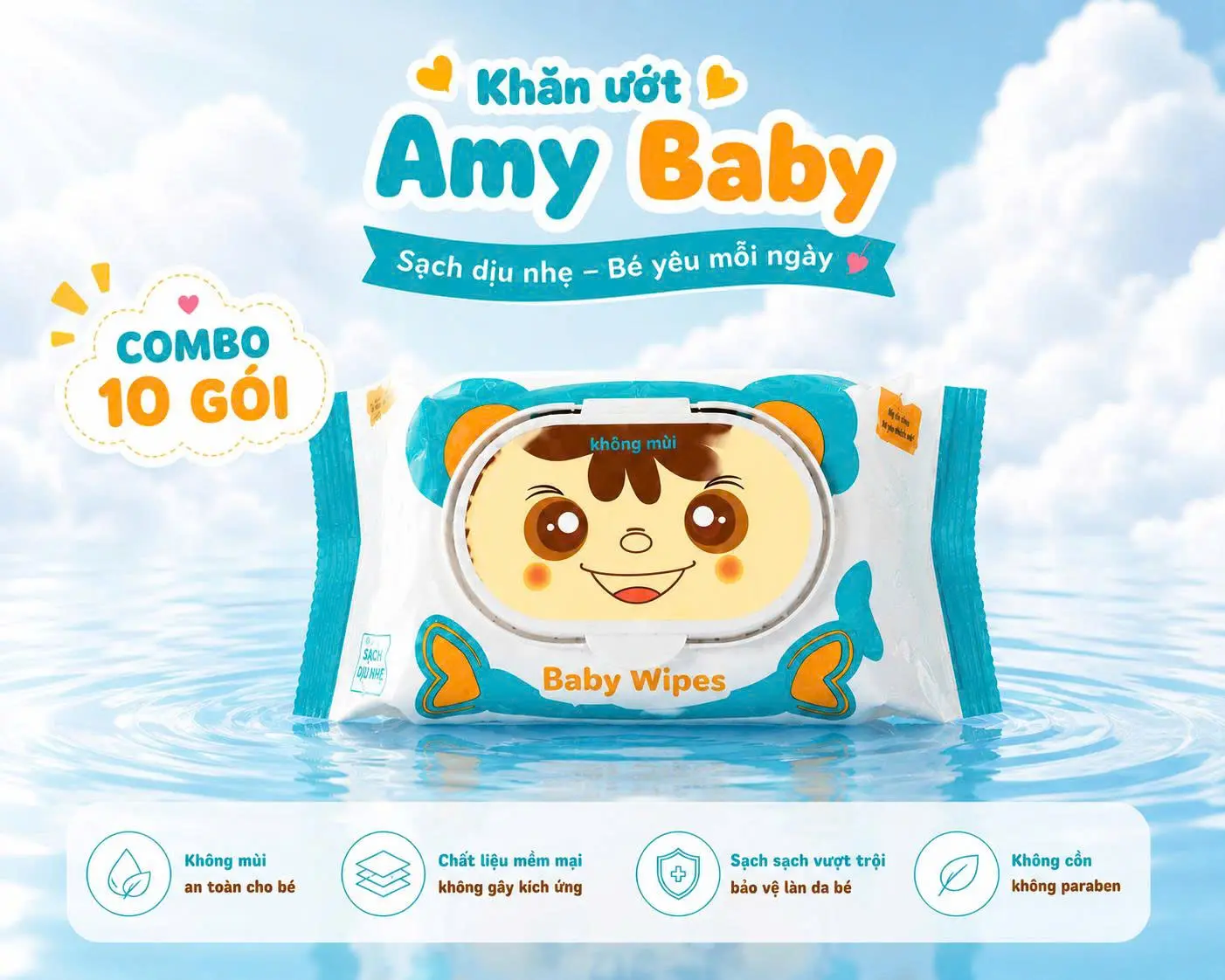 Combo 10 Gói Khăn Ướt AnMy Baby- Vải Dày-Không Mùi-Tiết Kiệm-An Toàn-Tiện Lợi-Cân Nặng 300gr->400gr