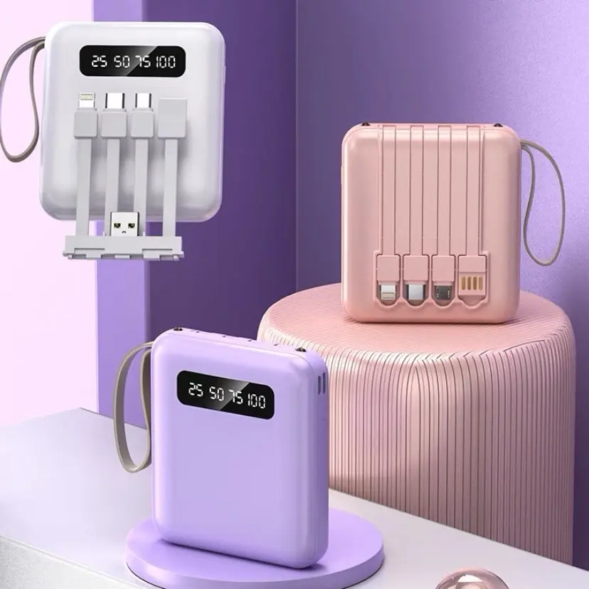 Mini Power bank 20000mAh with built-in three-in-one DETACHABLE Cables Micro Type C and Lightning Powerbank with LED Torch Light ultra-thin, compact, and portable, compatible with Apple, Xiaomi, Vivo, Huawei