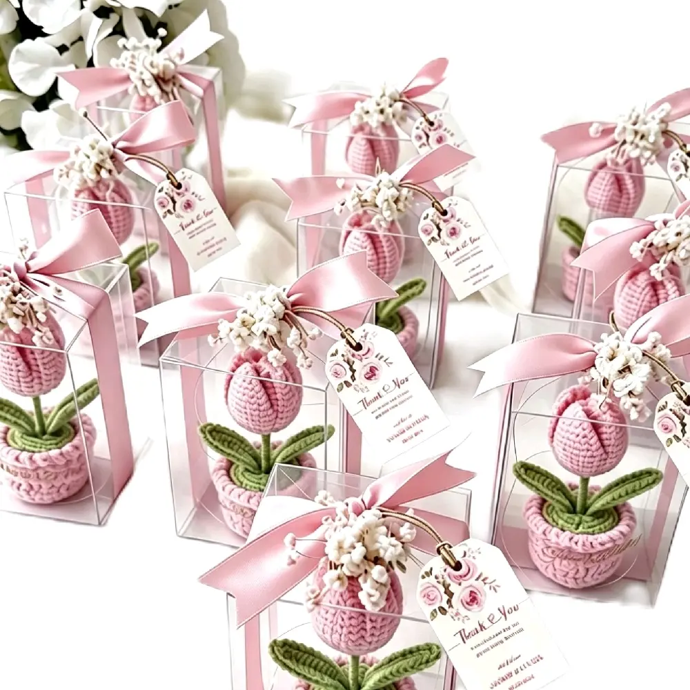 SOUVENIR BUNGA TULIP KAWAT BULU MINI DALAM KOTAK AKRILIK DENGAN PITA MERAH JANTUNG DAN TAG "Thank You"