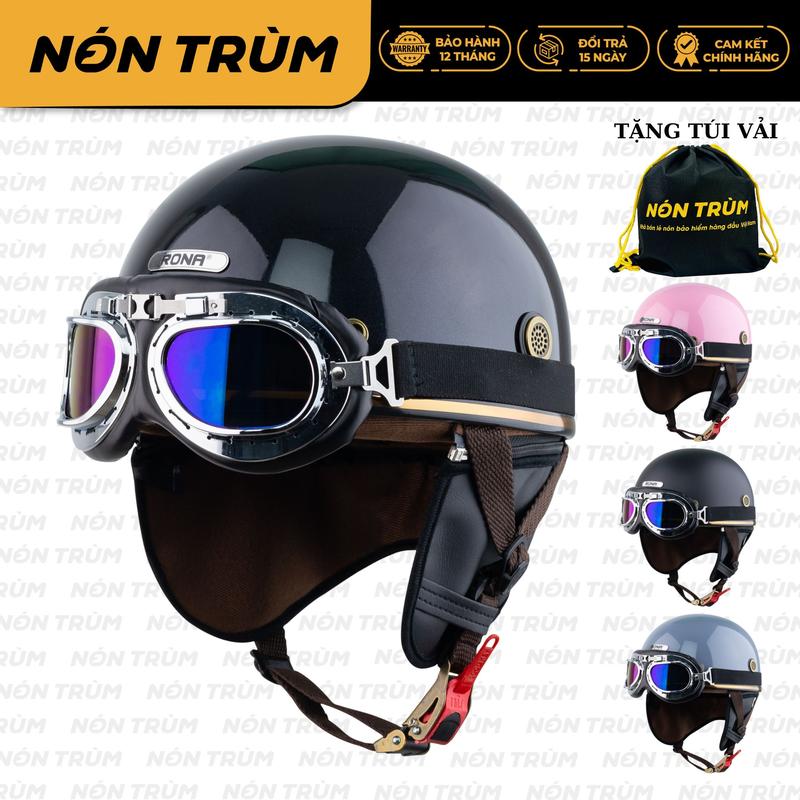 Rona Pug Kèm Kính Phi Công Viền Bạc Mũ Bảo Hiểm Nửa Đầu Rona Helmet Có Đệm Cổ Đi Xe Máy Cho Nam Và Nữ