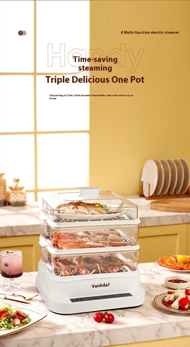 Product Introduction of The bottom of the multi-layer composite pot is quickly and evenly heated, steamed fish and vegetables are steamed out of a pot, and the lid is intelligent and timed to prevent dry burning. Protection 5