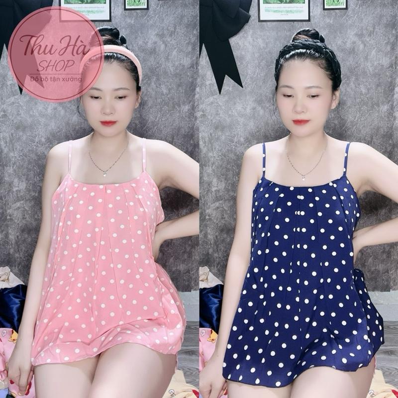 40-85kg Bộ lụa dây xếp li quần đùi ,có túi quần họa tiết chấm bi dành cho nữ Women Nhung