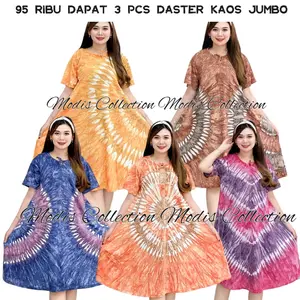 Paket Usaha 90 Ribu Dapat 3 pcs Daster Kaos Payung Jumbo Baju Tidur Wanita Dress Bumil Model Kerah Leher Bulat U Neck Dada Tali Depan Non Busui Bahan Premium Katun Rayon Motif Polos Abstrak Tie dye Bercak Kombinasi Warna Warni Panjang Gaun Dibawah Lutut