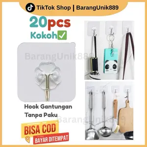 20 pcs Hook Gantungan Tempel Dinding Ubin, Keramik atau Kaca Super Kuat untuk Kunci, Topi, Tas, Celana, Jaket,  Alat Dapur  sapu dan pel tanpa paku Barangunik889 gantung gayung