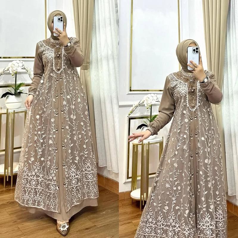 Product Introduction of Gamis Maudy Brukat Burgundy Viral 2025 Dress Terbaru Wanita Ceruty Babydoll Kombinai Brukat Cantik 5