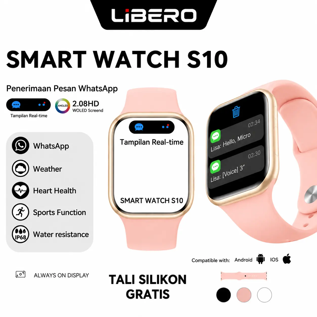 【Libero】SMART WATCH S10 Jam Tangan Cerdas | Deteksi Gerakan Pintar + Telepon Bluetooth + Notifikasi WA/IG/FB + 30+ Bahasa | Cocok iOS & Android