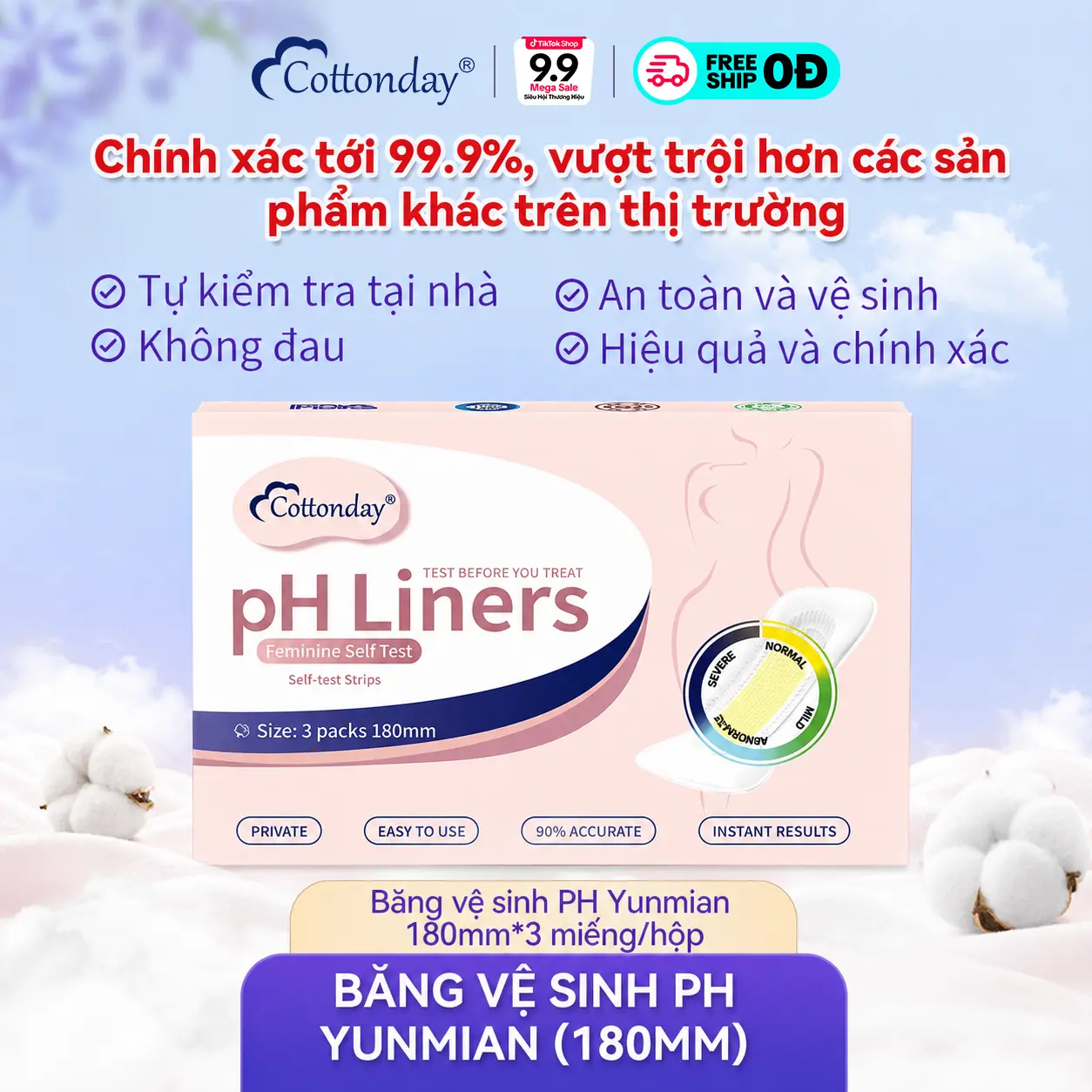 Cottonday pH Liners Hộp 3 Miếng, Miếng Lót Tự Test pH Vùng Kín Chính Xác Hơn, Dùng 30–60 Phút, Hỗ Trợ Theo Dõi Khí Hư Bất Thường, Mùi Lạ, Ngứa Ngáy, BVS Phụ Nữ