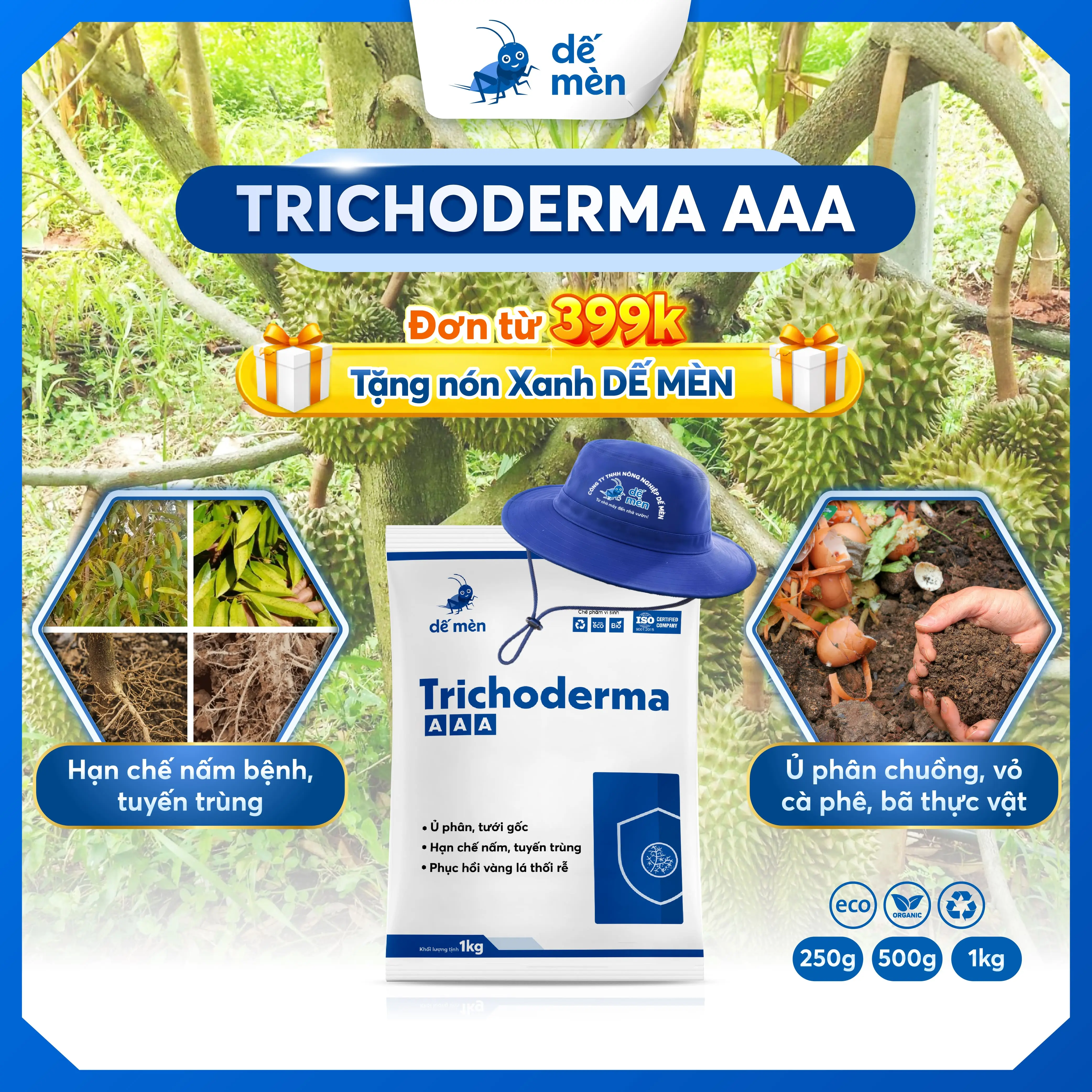 Trichoderma AAA Dế Mèn – Phòng ngừa thối rễ, vàng lá, cải tạo đất, ủ phân 250g, 500g, 1kg
