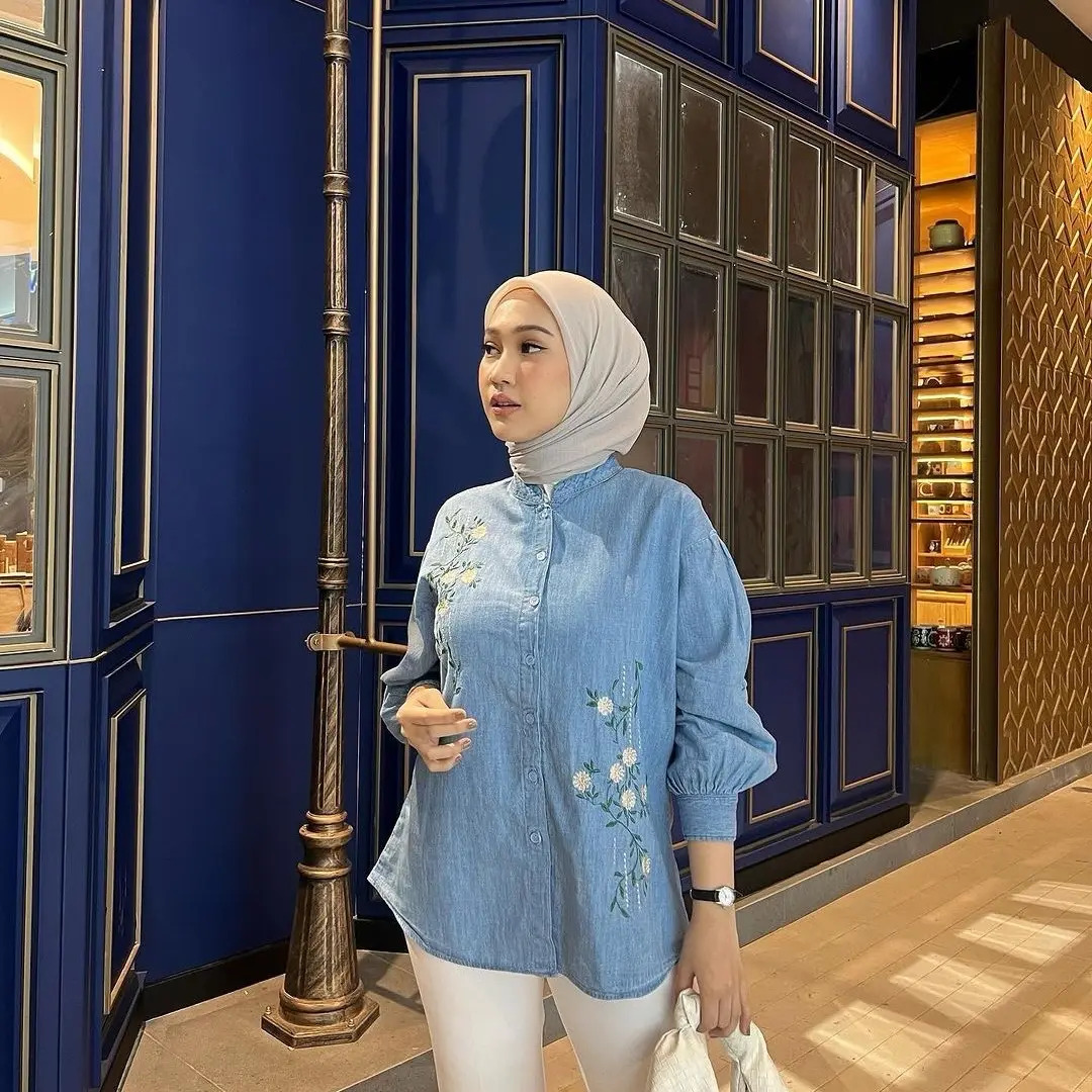 Anyostore AB70 Atasan Kemeja Jeans Wanita Bahan Denim