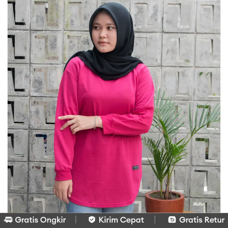 Kaos Polos Wanita Dewasa Lengan Panjang RIB Bawah Oval Terkini Sablon Atasan Baju Basic Top Variasi Tangan Oblong Oversize Muslim Hitam 0