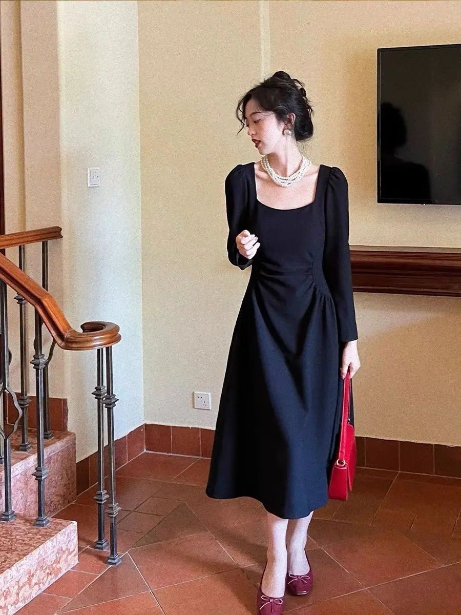 Emita bloom 1312 XS-2XL korean semi formal dress elegant plain black and white  dress for