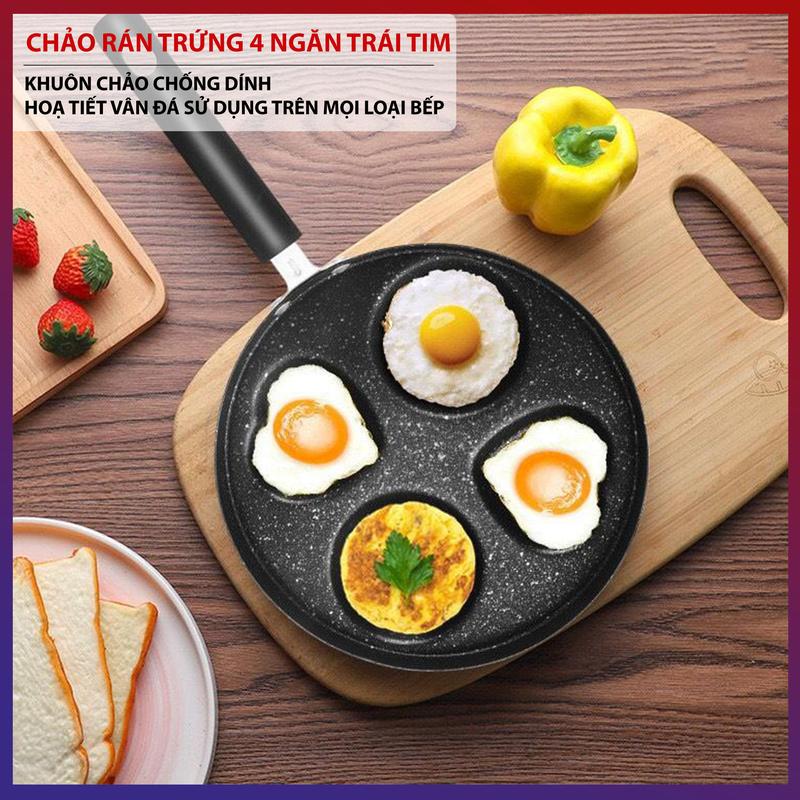 Chảo Chiên Rán Trứng Làm Bánh 4 Ngăn Tạo Hình Trái Tim - Khuôn Chảo Chống Dính Tay Cầm Gỗ Sử Dụng Trên Mọi Loại Bếp