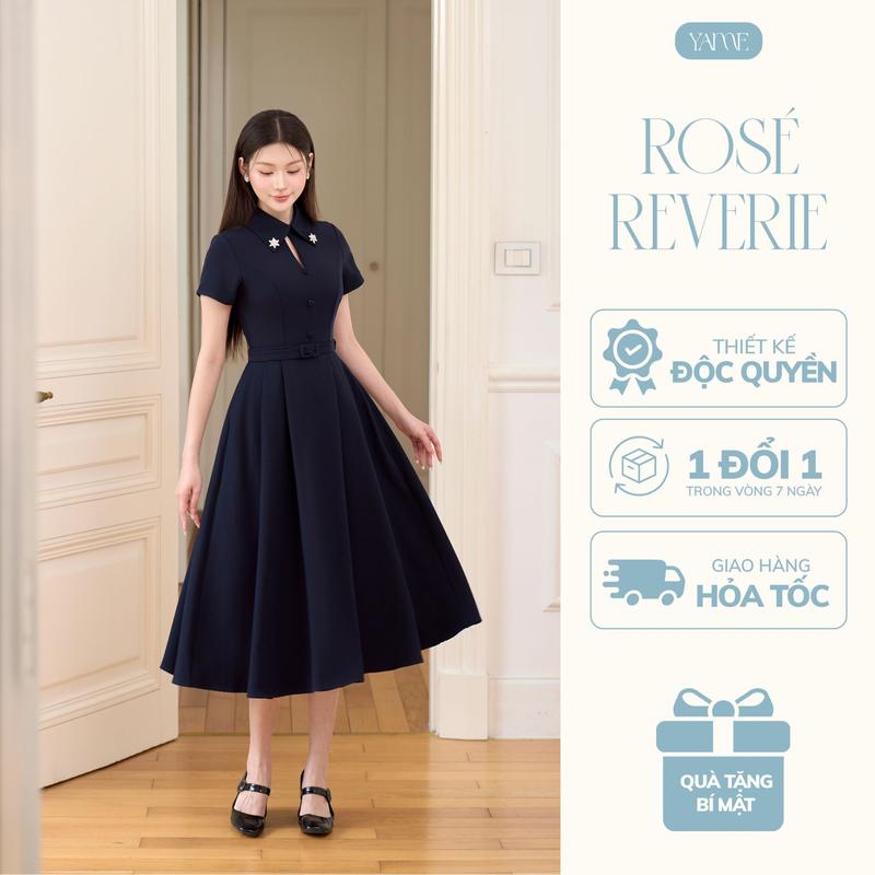 Váy nữ dáng dài màu xanh và be cổ nhọn đính đá cut-out điểm cúc bọc ngắn tay kèm thắt lưng YAME YV624