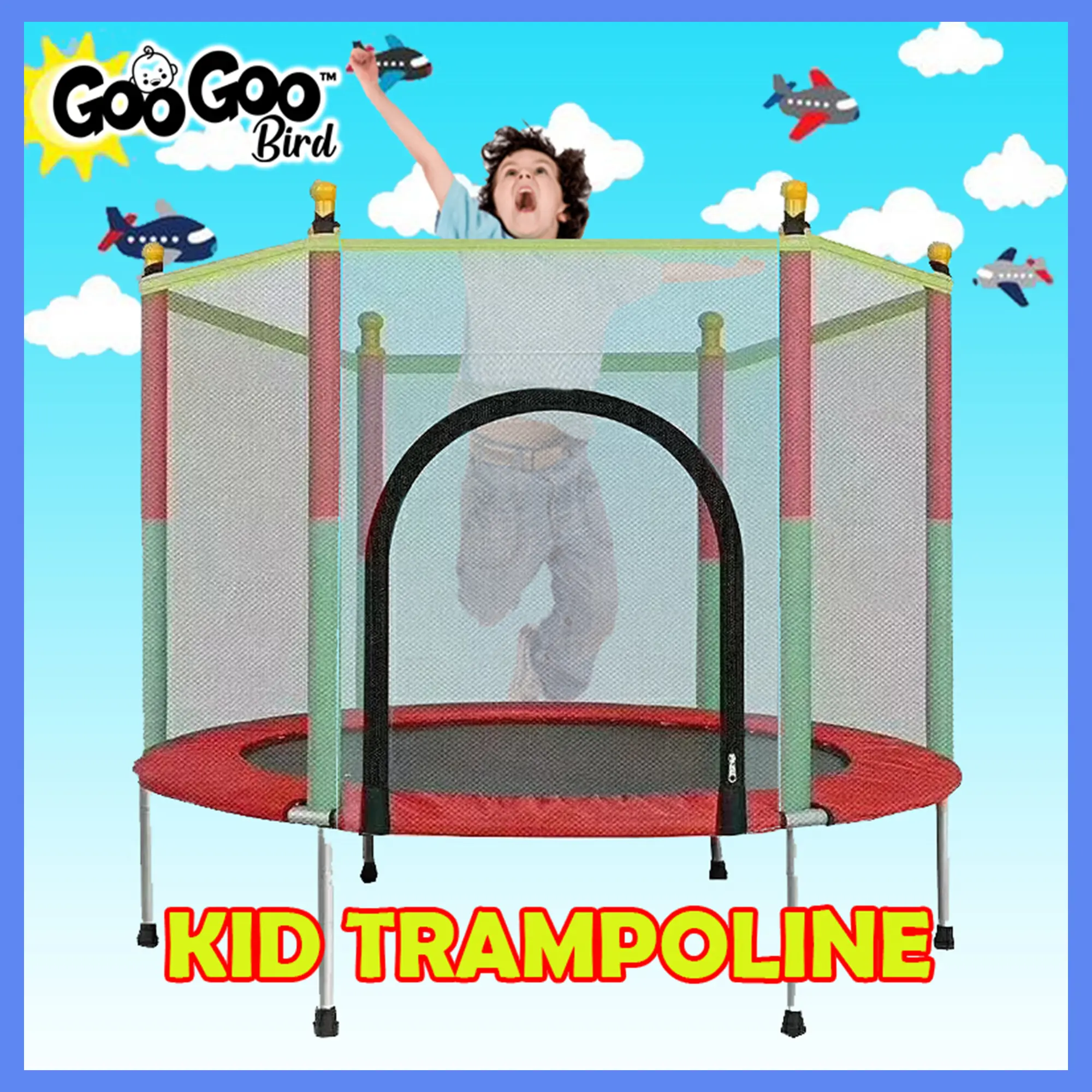 (2024 Version) GooGoo Bird 55-inch Trampoline Kids Fitness Bouncer Indoor Children Bouncer Jumping Bed With Safety Fence Trampolin Kanak-kanak