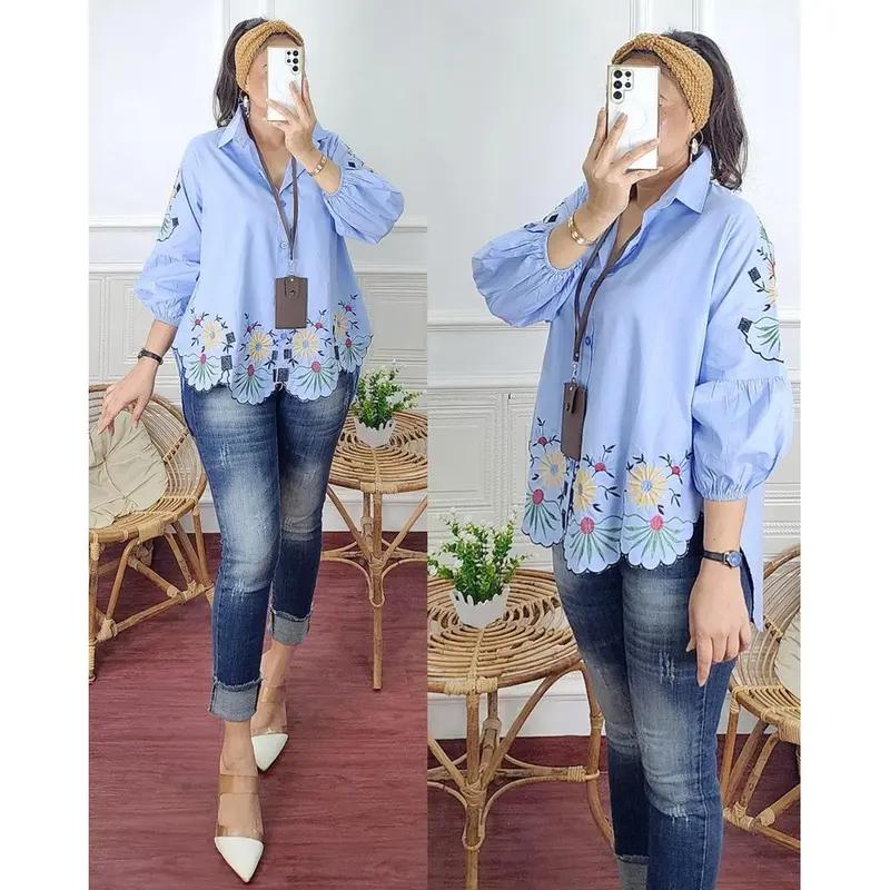 MUFASH - GLORIA BLOUSE Atasan Kemeja Wanita Bahan Katun Lengan Balon Motif Bordir by Mumu Fashion Solo 1