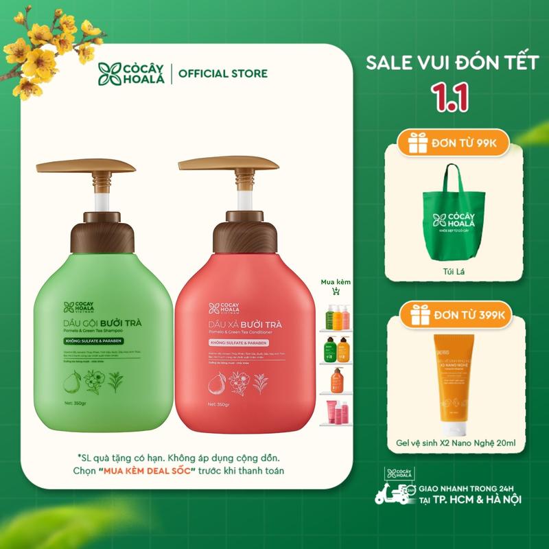GIẢM ĐẾN 62K CHO ĐƠN TỪ 300K COMBO Dầu Gội Xả Thảo Dược Cỏ Cây Hoa Lá Bưởi Trà Phục Hồi Tóc Hư Tổn 350g