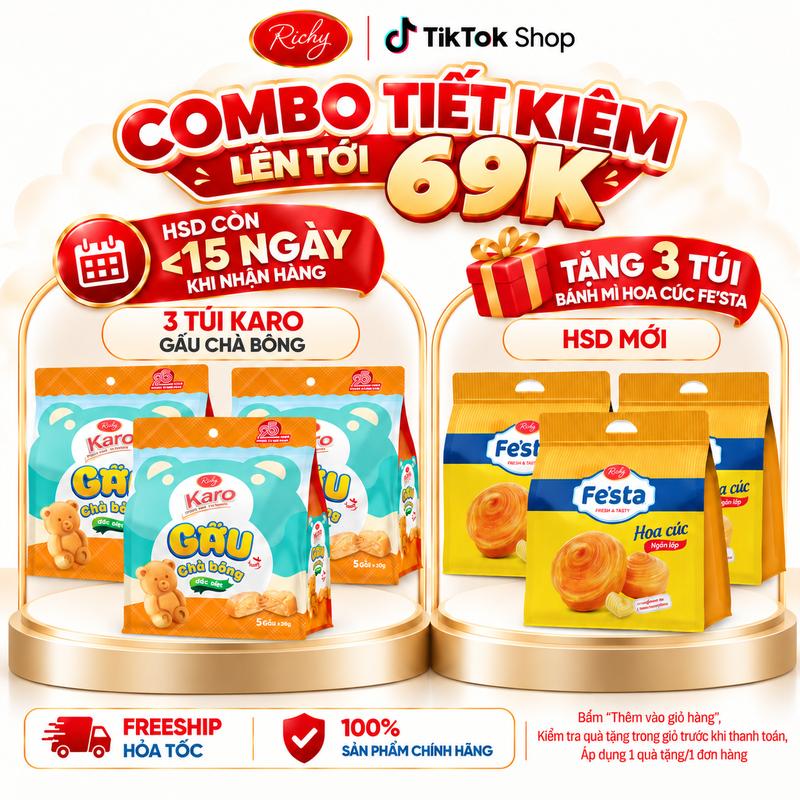 Combo 3 Túi Bánh Karo Gấu Chà Bông DATE < 15 Ngày Khi Nhận, Snack Candy banh gau Ăn Vặt Food