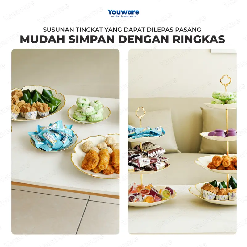 YOUWARE - Hayse Rak Kue Susun 3 Tingkat / 4 Tingkat Detachable Plate Cake Stand Display Plastik Piring Saji 3 Tingkat Susun Lepas Pasang dengan Handle Rak Makan Kue Buah Cake Camilan Rak Kue Cake Emas Aesthetic dan Elegan 4