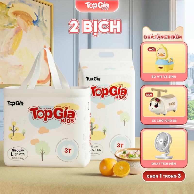 2 BỊCH (TẶNG QUÀ) Tã/Bỉm cho bé, bỉm TopGiaKids pH < 7 ngừa hăm, đai chun đệm mây mềm mại co dãn 4 chiều, thấm hút bề mặt khô thoáng size S đến XXXL cho bé từ 4-20kg kem (bỉm)