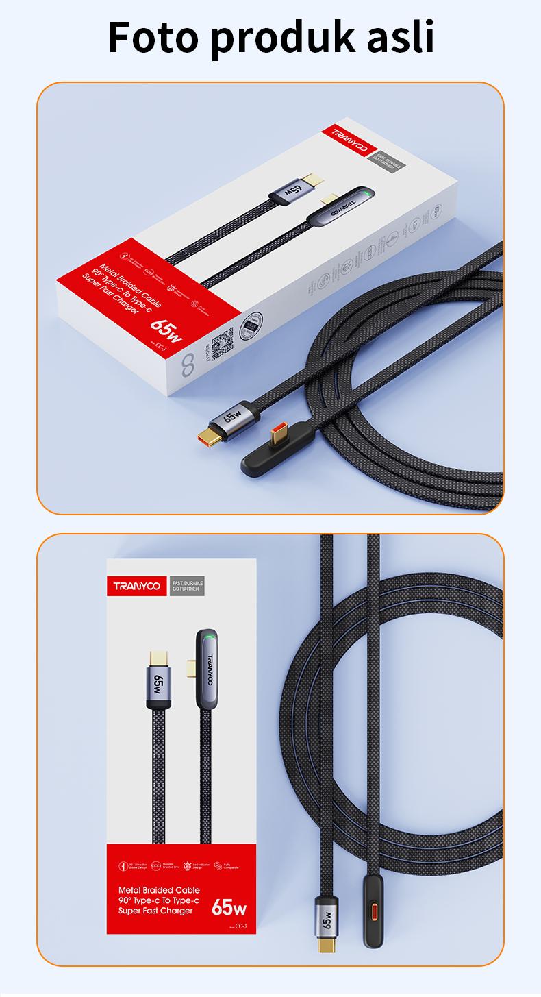 TRANYOO Kabel Data 65W Type-C ke Type-C / 30W Lightning(iPhone), desain siku 90°, cocok untuk iPhone, Samsung, OPPO, VIVO, Xiaomi, POCO, realme, Infinix & Android. Konektor emas, panjang 1,2m, cocok untuk ponsel & tablet, model CC-3. TRANYOO Kabel Data 65W Type-C ke Type-C / 30W Lightning(iPhone), desain siku 90°, cocok untuk iPhone, Samsung, OPPO, VIVO, Xiaomi, POCO, realme, Infinix & Android. Konektor emas, panjang 1,2m, cocok untuk ponsel & tablet, model CC-3.