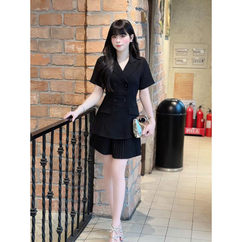 Set đồ nữ hai chi tiết TK02 Vải tuyết mưa cao cấp áo vest cổ V mix chân váy dập ly chuẩn form sang trọng đủ size S M L XL XXL