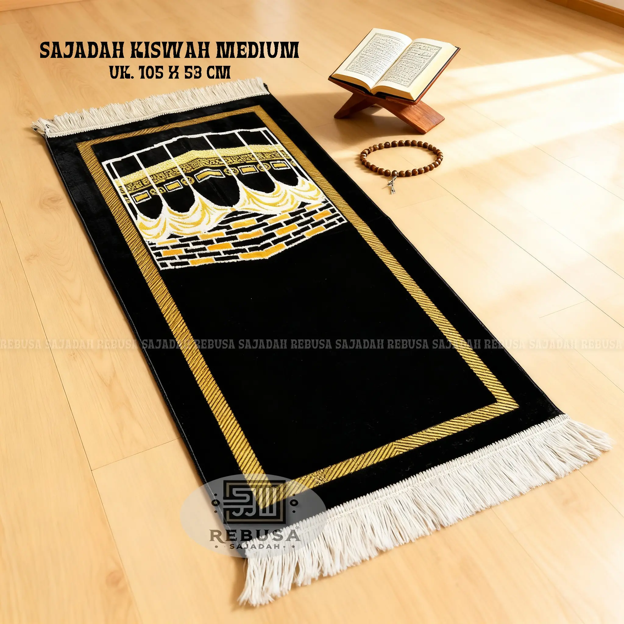 Sajadah Turki Hitam Motif Kiswah Tebal Medium Ukuran 1 saf Orang Dewasa Desain Terbaru Elegan