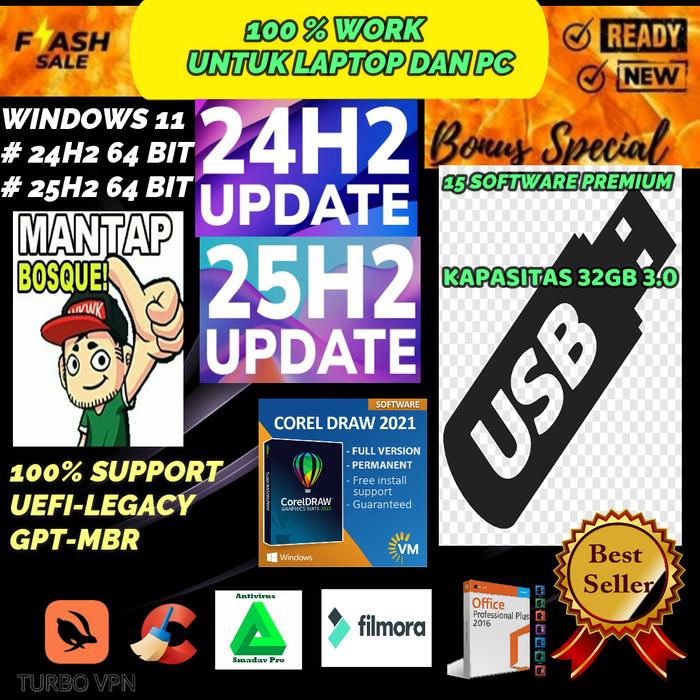 Promo FLASHDISK MULTIBOOT WIN 11 24H2 DAN 25H2 64 BIT BOOTABLE ...