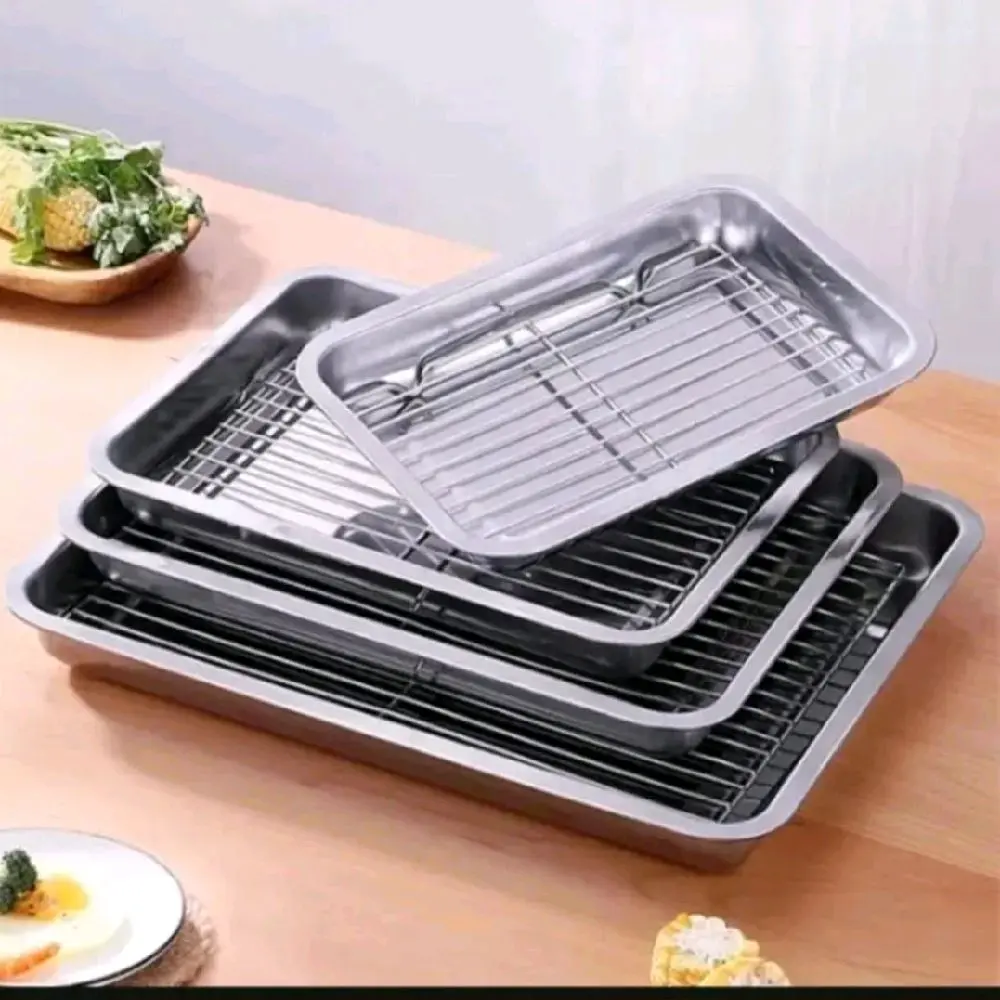 1 Set Nampan Stainless dan Colling Rak,Nampan Colling Rak Tempat  Peniris  Minyak Makanan,Nampan Coling Rak Serbaguna Berbagai Ukuran Jumbo 40x30 cm,Besar 36x27 Cm,Sedang 32x25 Cm,Kecil 27x20 Cm