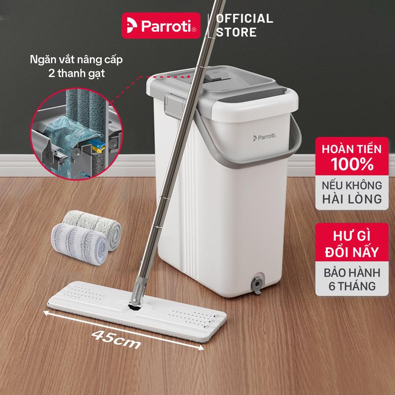 Cây lau nhà tự vắt thông minh Bộ lau nhà công nghiệp có thùng vắt bàn lau xoay 360 độ 45cm Parroti Ultra - PU45