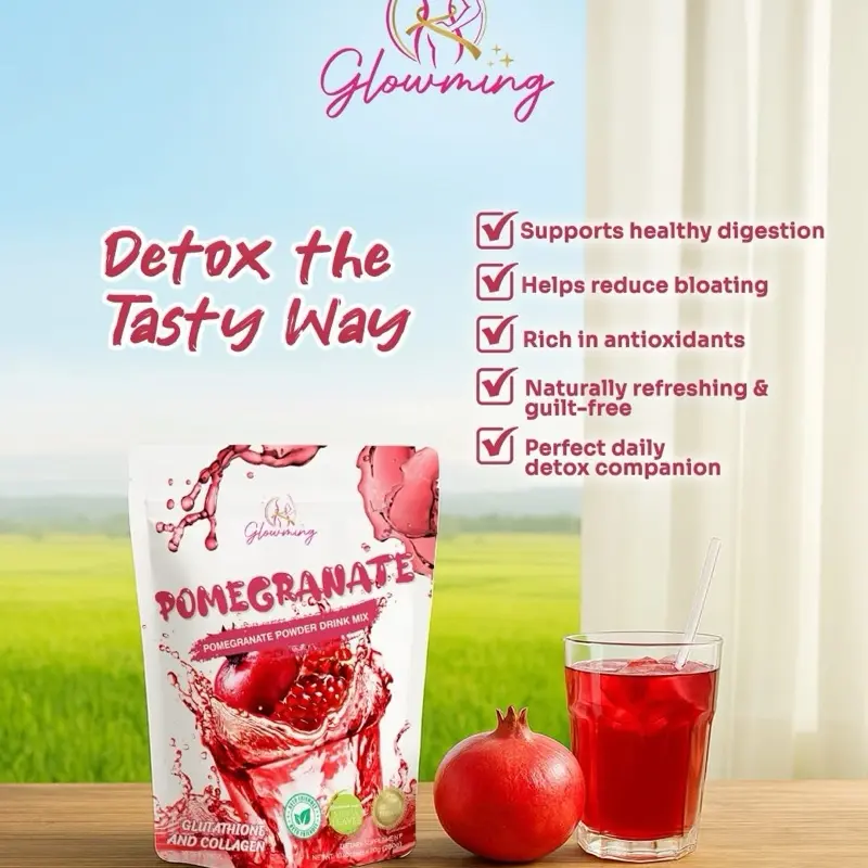 pomegranate glutathione and collagen Your glow starts from within.  A delicious blend that doesn't just taste amazing, it works. Packed with to help you glow, detox, and feel your best every single Simply take 1 tablespoon daily as a delicious and refreshing way to give your skin a healthy glow and so much more. Glowming Pomegranate By: CC Glam
