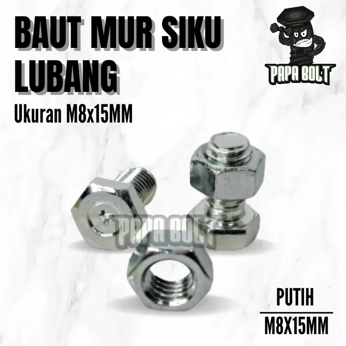 Baut Mur Siku Lubang Besi PUTIH M8x15 mm - Kepala Segi Enam