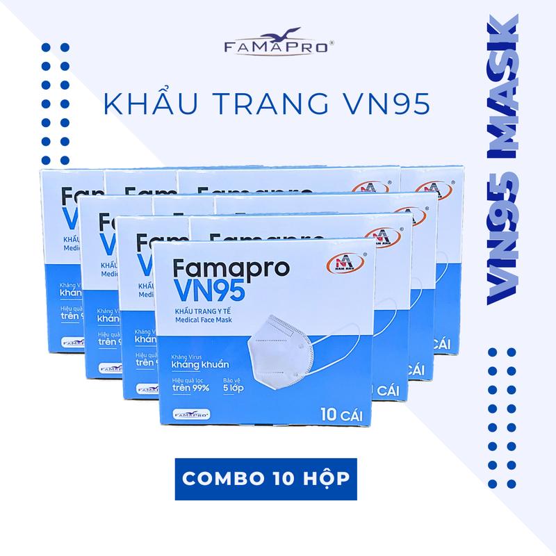 Combo 100 cái - 10 Hộp Khẩu trang kháng khuẩn 5 lớp Famapro VN95 hộp 10 cái