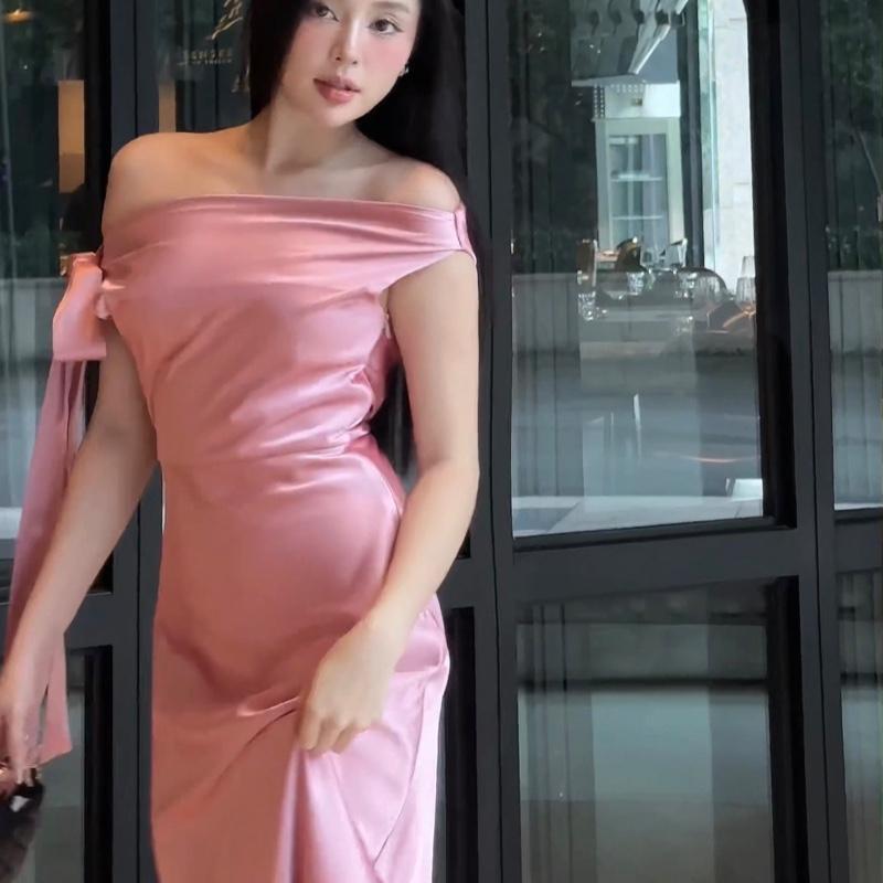 Đầm lụa lệch vai cột nơ vai 4