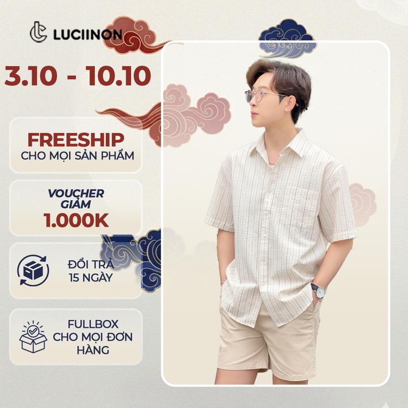 Áo sơ mi nam sọc NGẮN TAY vải Cotton xốp cao cấp đũi hàn quốc - Luciinon giặt bằng nước lạnh đơn thuần Menswear Cổ Tròn áo  sơ