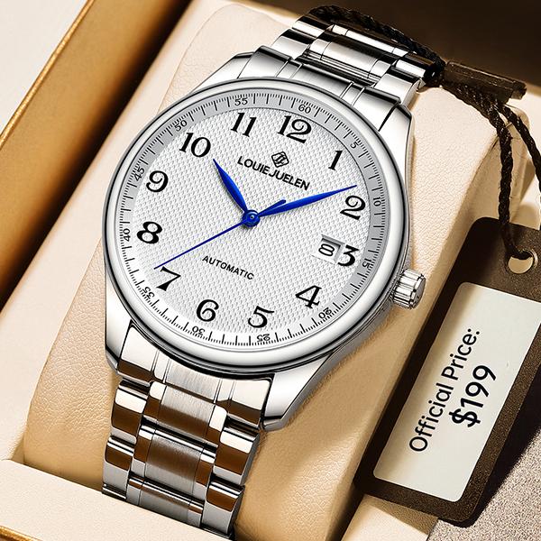 Đồng Hồ Nam Thụy Sĩ, LOUIEJUELEN, Phong Trào Tự Động Cao Cấp, Với Hiển Thị Ngày, Kim Dạ Quang, Chống Nước 3ATM, Mặt Kính Sapphire Và Dây Đeo Bằng Thép Không Gỉ, Thích Hợp Cho Các Dịp Chuyên Nghiệp