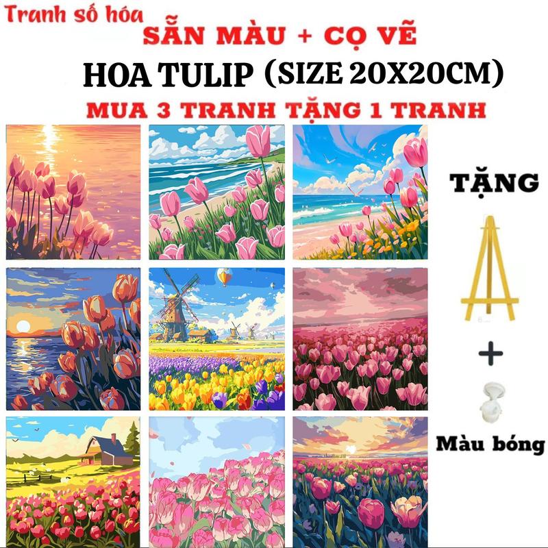  Tranh tô màu theo số phong cảnh HOA TULIP kích cỡ 20x20cm Mua 1 tranh Tặng 1 kệ để tranh 1 màu bóng màu tô cọ vẽ móc treo tranh mua 3 tranh tặng 1 tranh tặng 4 kệ gỗ 4 màu bóng Diy Tô Màu Vẽ Tranh Làm Đồ Handmade 