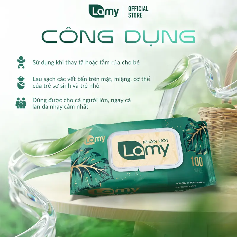 [LAMYAD] Khăn ướt LAMY - Thùng 10 gói x 100 tờ không cồn không mùi  không parabens an toàn cho bé 7