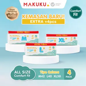 [4 PACK] MAKUKU SAP Diapers Comfort Fit Extra Jumbo / Jumbo+4 Pants/Tape M/L/XL Popok Bayi Tipis Extra Dry Anti Gumpal Mengunci Cairan