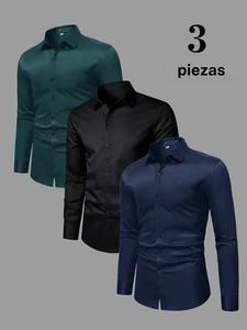 Paquete premium de 3 camisas formales de hombre, corte slim, manga larga, 6 colores, resistencia a arrugas, tejido elástico, cierre abotonado; versátiles para oficina, eventos y uso diario.
